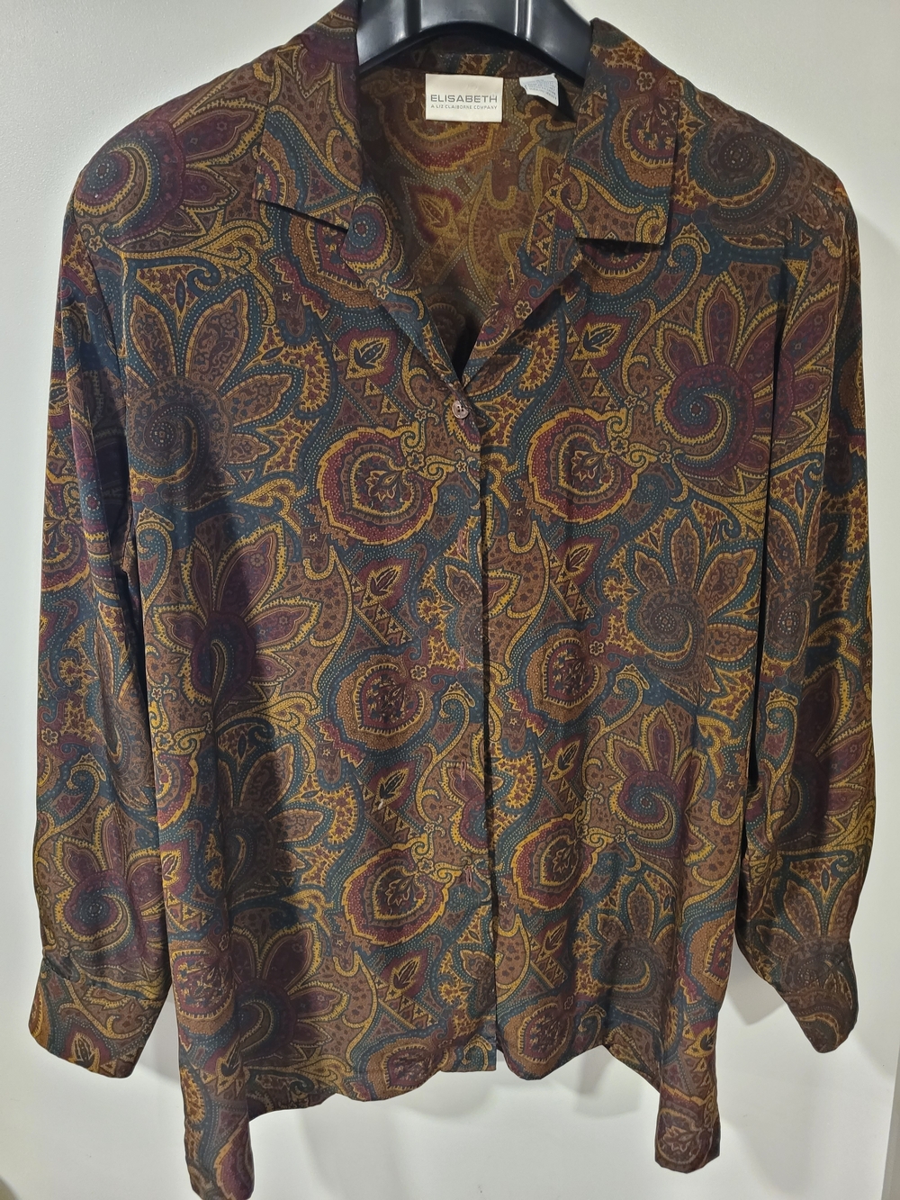 Liz Claiborne Paisley Button-Up Blouse in Burgundy, Mustard & Teal